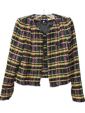 New Karl Lagerfeld Paris Multicolor Plaid Tweed Metallic Woven Jacket 10P 21,19
